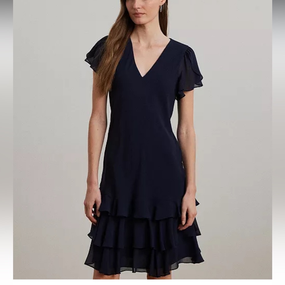 Ralph Lauren Black Label Navy Blue Women's Georgette Drop Waist Dress Size 10